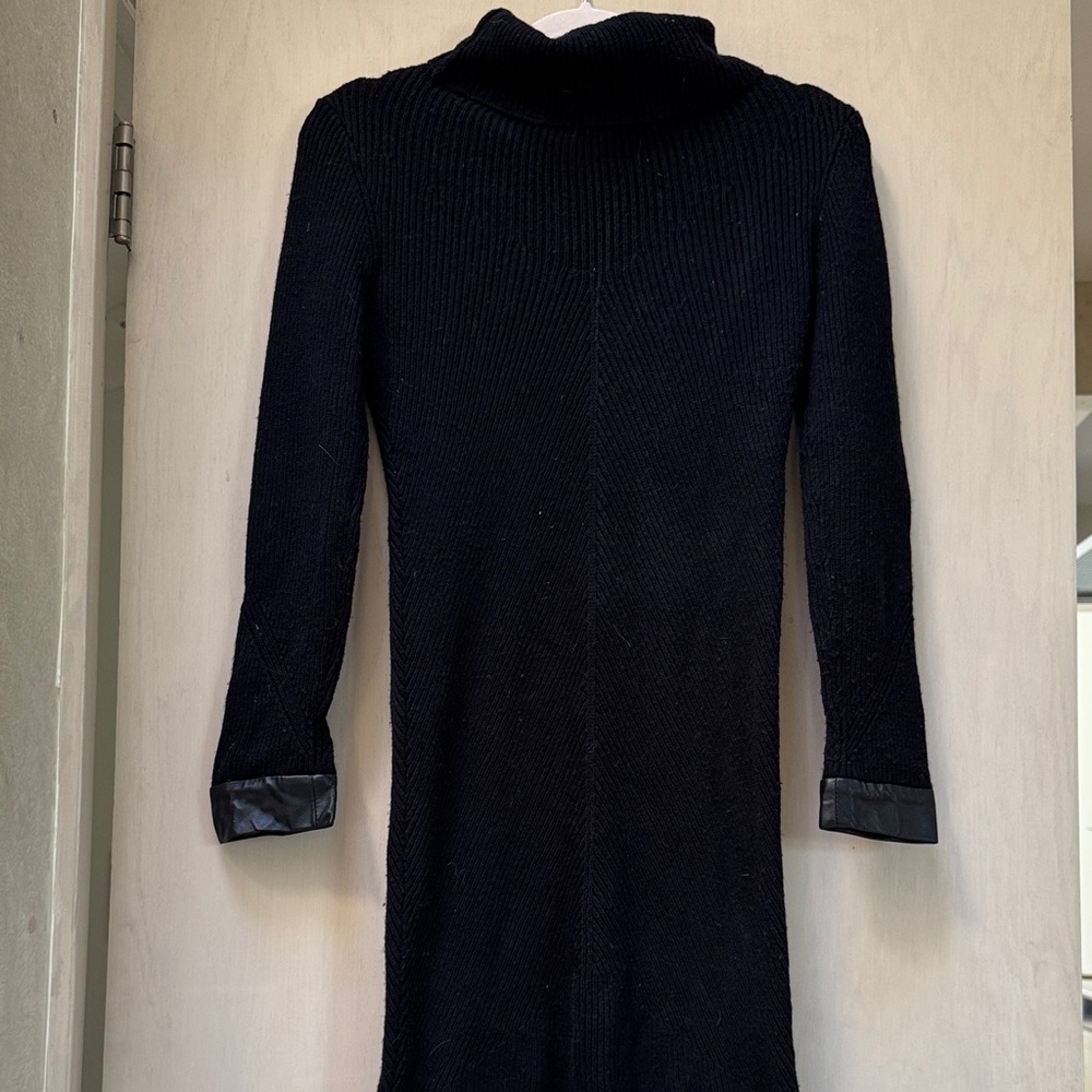 Maje Black Turtleneck Sweater Dress with Leather Accents